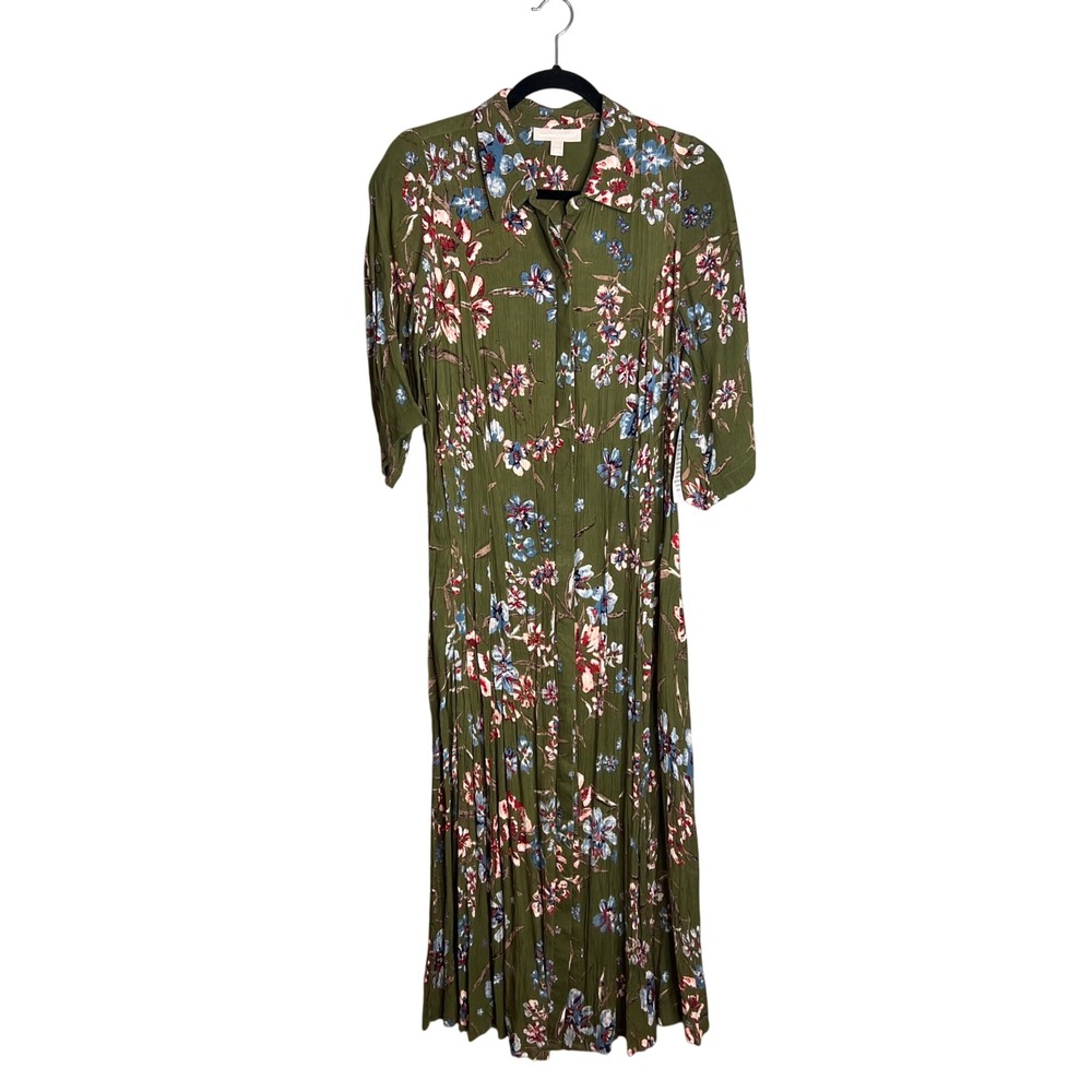 Woman‎ Within Floral Dress Sz 14WP Full Button Green Crinkle Rayon Boho Midi NWT